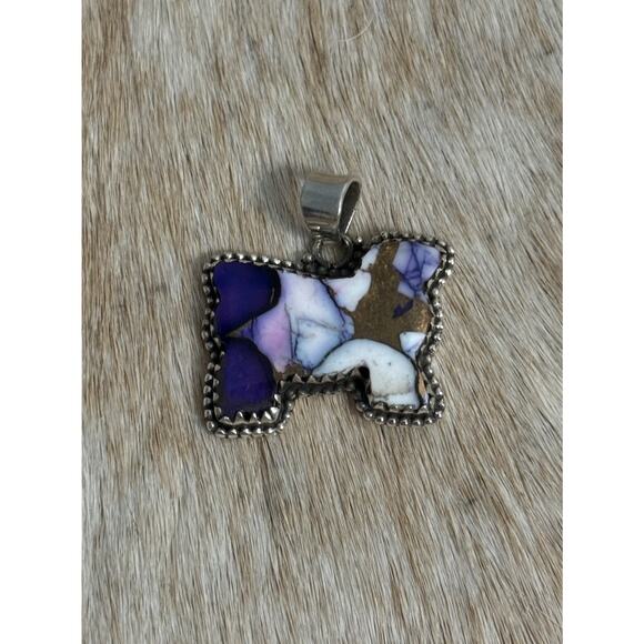 SW Native American Sterling Silver & Purple Dahlia Turquoise Cow Sheep Pendant